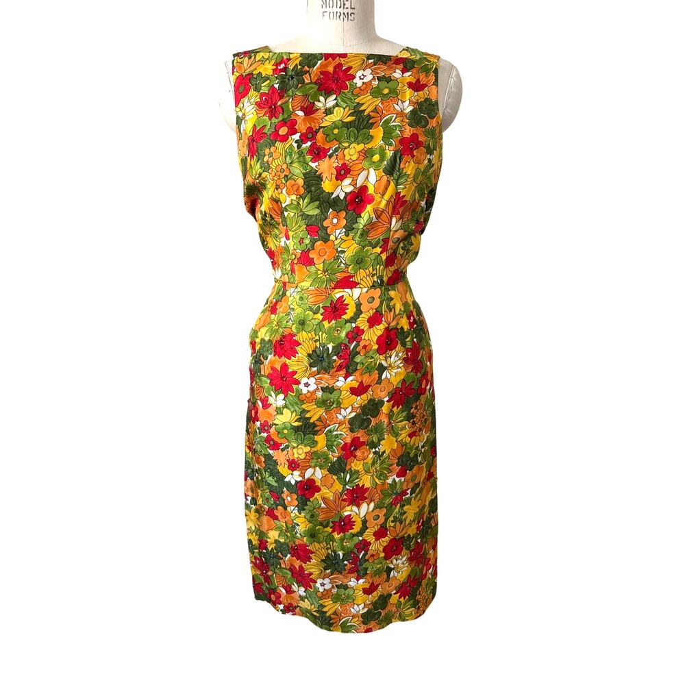 Vintage 60s Cocktail Party Dress Floral Print Rhinestone Embellished Size Small